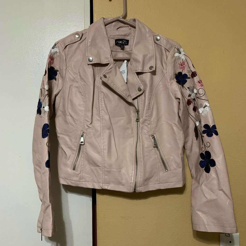 Pink Flower Embroidered Leather Jacket